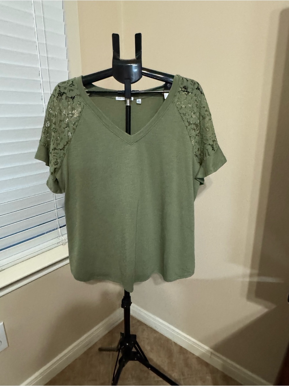 Notations Olive V-Neck Top with Lace Sleeves